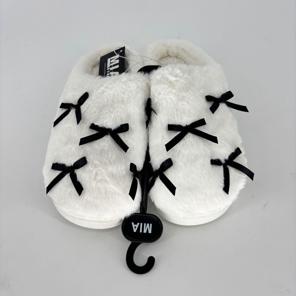 Mia Cozi Multi-Bow Slipper Cream/Black Women Size 7 Faux Fur Lounge Cozy Warm - Picture 4 of 12